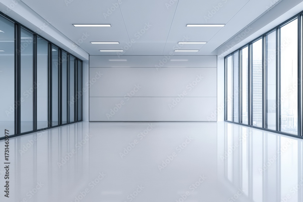Fototapeta premium Spacious minimalist office interior featuring large windows viewing city buildings, bright ceiling lights, and glossy floor