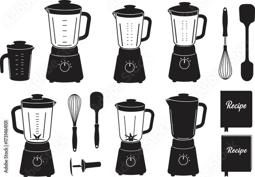 Blender icons set, kitchen appliances and tools vector illustration, black silhouette cooking elements, recipe book, whisk, spatula, equipment