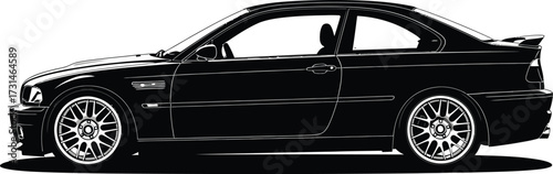 Side view of a black coupe isolated on white background, showcasing its classic design and sporty appeal, perfect for automotive enthusiasts and design projects