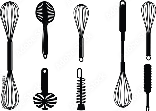 Kitchen utensil silhouettes, whisk collection, black vector icons, cooking tools set, food preparation equipment, baking accessories, culinary design elements