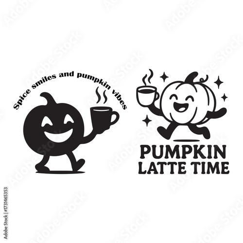A cheerful pumpkin character happily holding a coffee cup set silhouette vector t-shirt design.