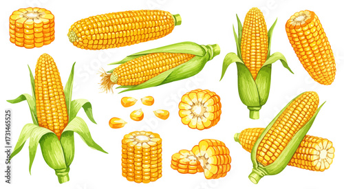 とうもろこしのイラストセット,粒と皮付き,夏野菜の水彩素材