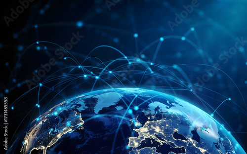 Stunning Earth visualization with global network connections conveying international business reach, modern technology, and worldwide communication capabilities