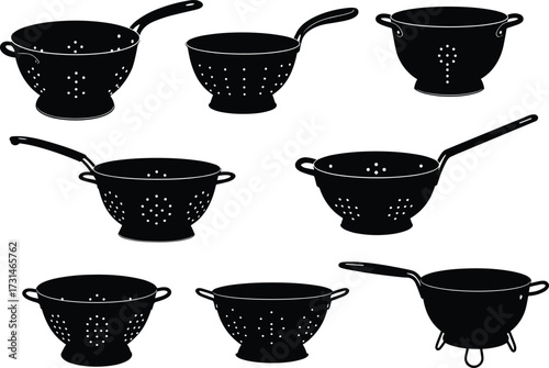 Set of kitchen colander silhouettes, strainer icons, cooking utensil collection, black vector illustrations, metal sieve tools, perforated bowls
