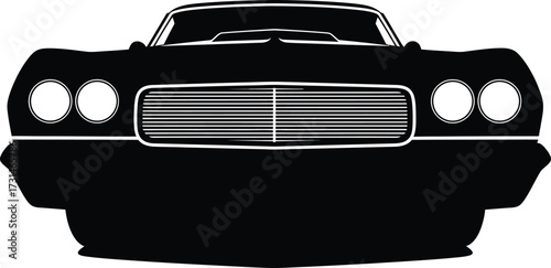 A bold black and white silhouette of a classic american muscle car front view, showcasing its aggressive stance and powerful design isolated on white background