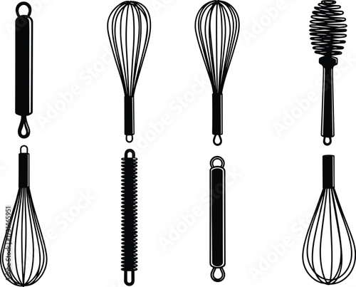 Whisk silhouettes, kitchen tools vector, black cooking utensil icons, food mixing equipment, baking accessories set, culinary design elements collection