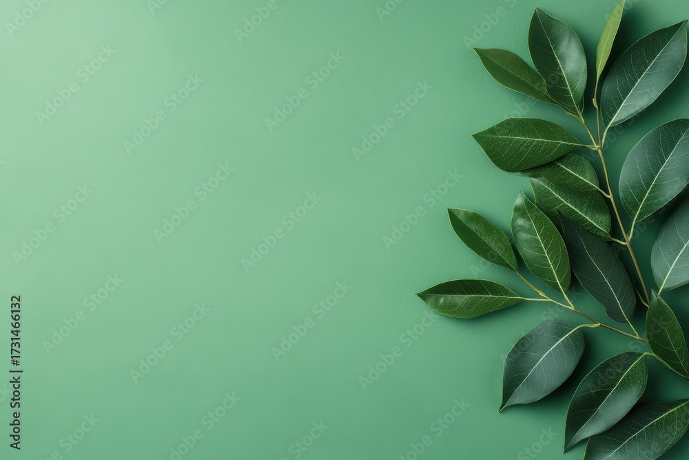 Fototapeta premium Green plant branch with fresh natural leaves creating an organic, eco friendly background with copy space
