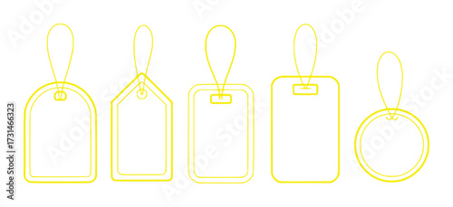 Collection of Five Yellow Outline Tags with Loops on White Background