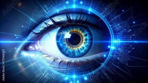 Technological vision concept with digital eye and futuristic circuit connections