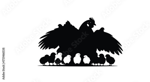 Hen with chicks isolated on white background this heartwarming silhouette captures the essence of motherhood and protection, ideal for farm or family related designs