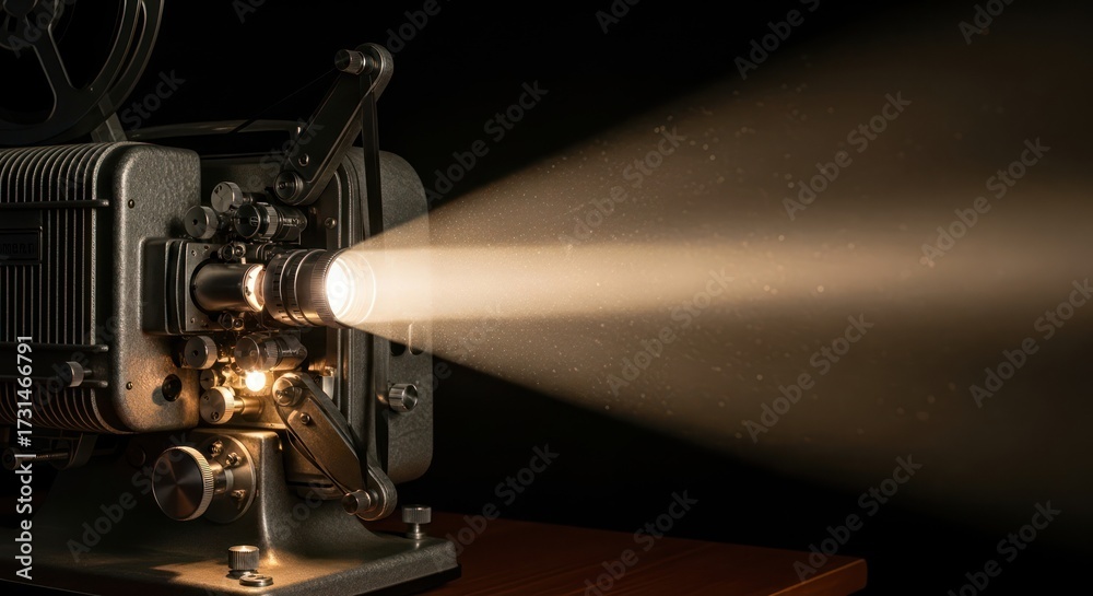Fototapeta premium Vintage projector casting light beams illuminating darkness evoking cinematic nostalgia