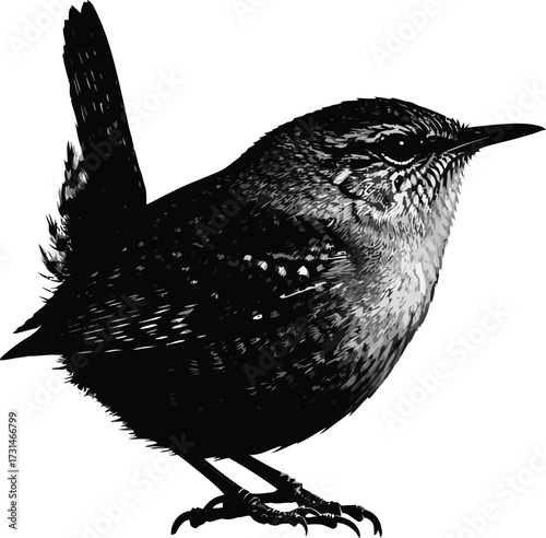 A tiny wren perched, isolated on white background, showcasing its intricate feather pattern and delicate features in a closeup view against a clean backdrop