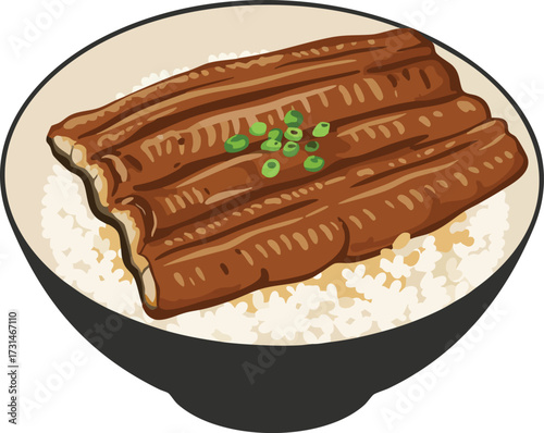 A delicious bowl of Japanese unagi donburi, featuring grilled eel over steamed white rice, garnished with chopped green onions.