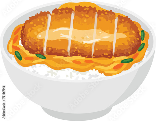 A white bowl filled with steamed rice topped with a golden-brown, sliced tonkatsu (pork cutlet) simmered with egg and onions, a classic Japanese katsudon dish.