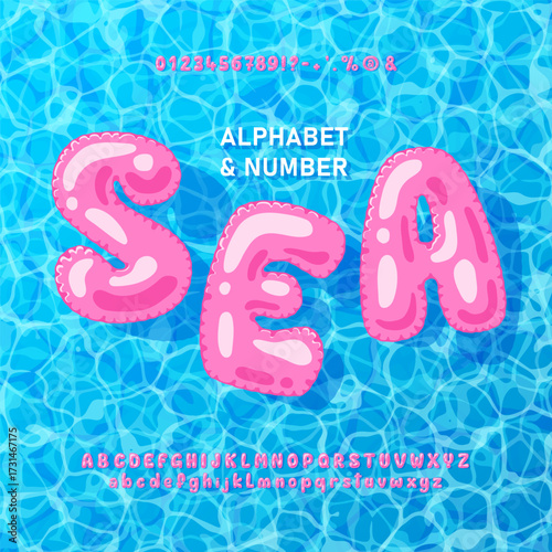 Summer inflatable ring alphabet and font. Glossy Vector Letters and Numbers Floating in Pool Water, Bright 3D Cartoon Symbols for Vacation, Party, Poster and Holiday Design