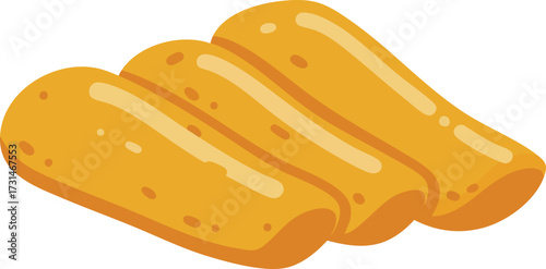 Three golden brown tteokbokki rice cakes in a row.