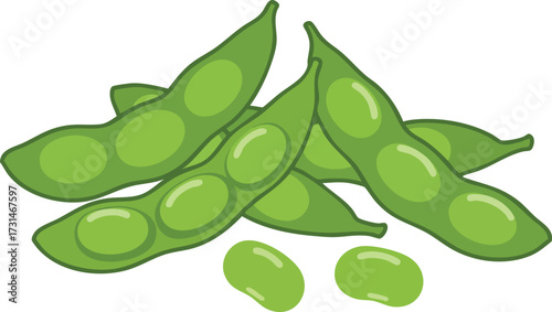 A pile of fresh green edamame pods with some individual soybeans scattered below, ready for consumption.