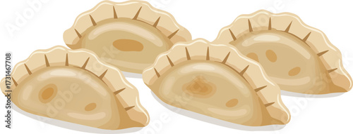 Vector illustration of four traditional pierogi dumplings with crimped edges on a white background.