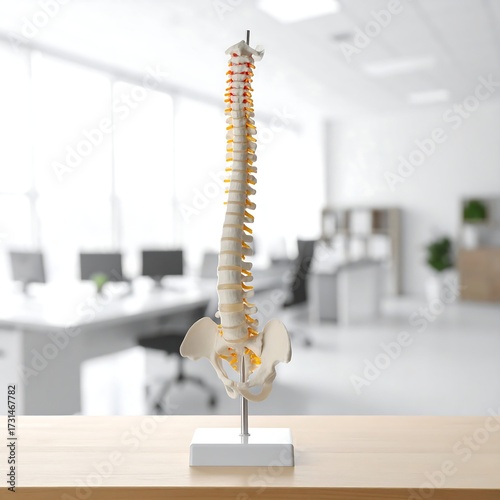 Anatomical spine model on a desk in a blurred office setting (1)