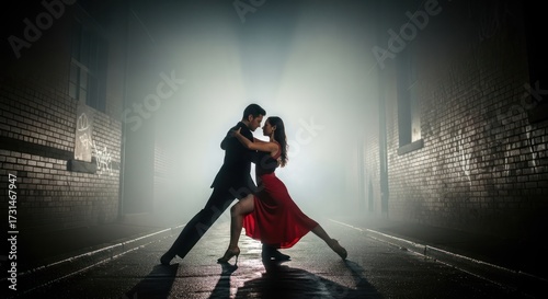 Passionate tango performance in an atmospheric urban alley, embracing romance and intensity