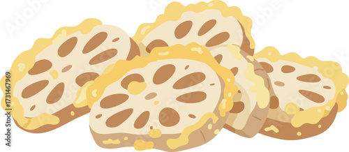 An illustration of several slices of battered and deep-fried lotus root tempura.