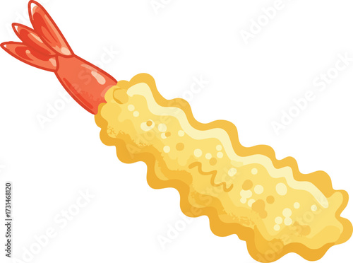 Illustration of a single tempura shrimp, golden and crispy, ready to eat.