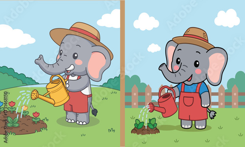 Cute Elephant Gardeners Watering Flowers Cartoon Illustration Split Design