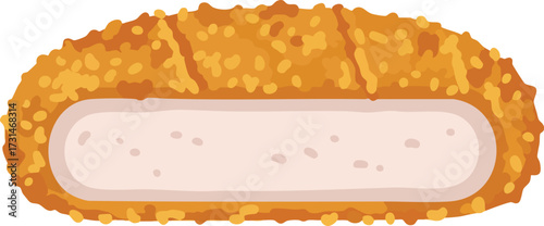 A simple illustration of a crispy golden-brown croquette cut in half, showing the creamy white filling inside.