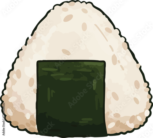 A close-up illustration of a triangular onigiri rice ball wrapped in dark green nori seaweed.