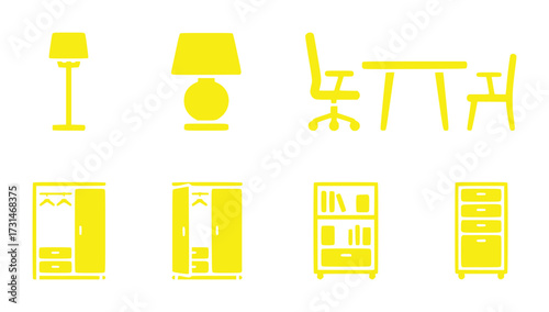 Collection of Yellow Furniture and Lighting Icons on White Background