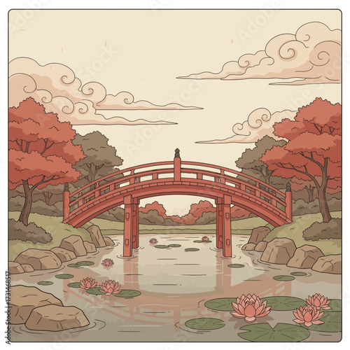 A serene illustration of a red arched bridge spanning a calm pond with lily pads, surrounded by autumn foliage and stylized clouds.