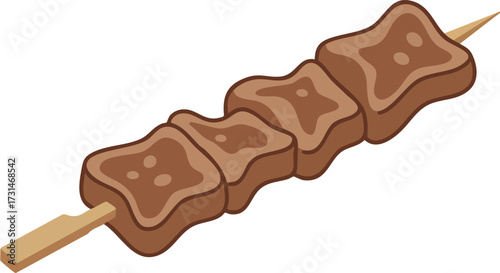 A simple cartoon illustration of four pieces of grilled meat on a wooden skewer, resembling a kebab or yakitori, isolated on a white background.