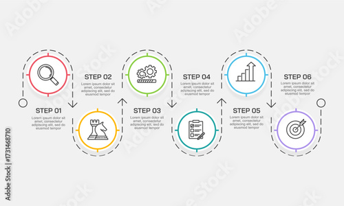Infographic colorful dotted line curve 6 Steps. Business Presentation , Report, Marketing, Timeline and Plan. Vector Illustration.