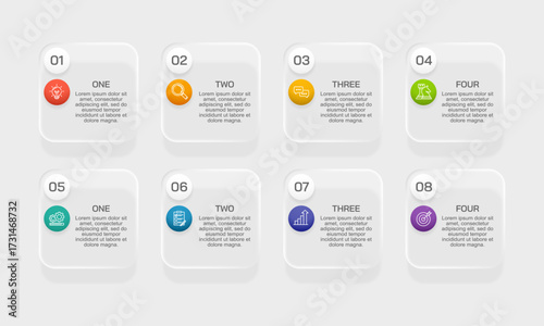 Infographic Glassmorphism 8 colorful options or steps. Presentation, Banner, Plan and Strategy. Vector illustration.