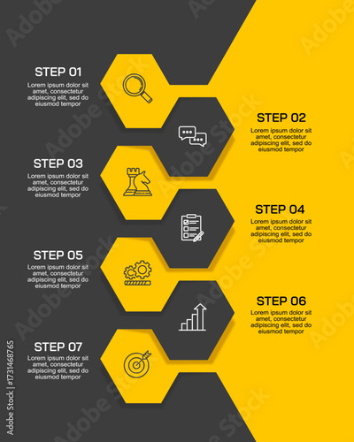 Vertical infographic timeline 7 steps or options on Yellow and Black background. Business presentation, Milestone, Roadmap, Timeline, Comparative, Plan and Banner. Vector illustration.