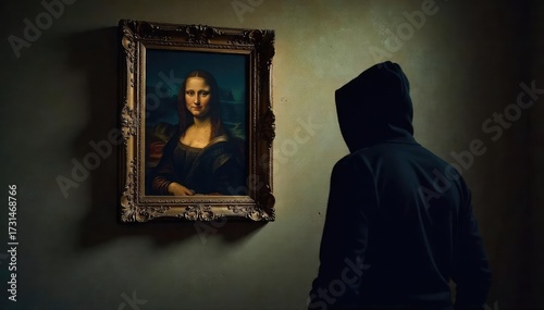 A shadowy figure stealthily removes a priceless portrait from its frame, leaving only an empty space on the wall The scene is shrouded in mystery and intrigue , night, hidden, empty