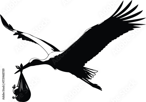 Stork delivering baby silhouette isolated on white background, a timeless symbol of new beginnings and the miracle of life, perfect for announcements