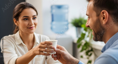 Woman offering cup of water to man in office setting