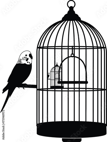 Silhouette of a parakeet perched outside a birdcage isolated on white background captivating scene of domestic bird and its enclosure, evoking themes of freedom