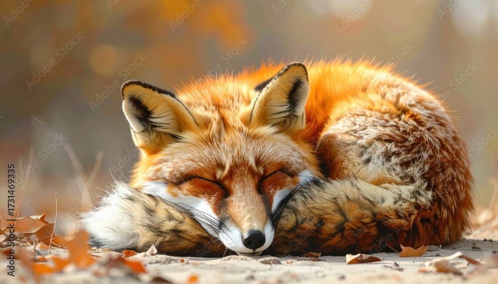 Obraz premium A beautiful, serene image showcases a sleeping fox curled up comfortably amongst fallen autumn leaves, its orange and white fur vividly contrasting with the blurred, natural background, creating a...