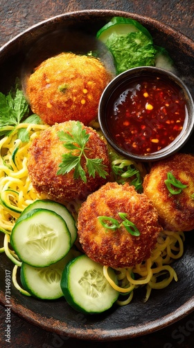 A plate of food with three fried balls and a bowl of sauce