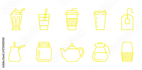 Collection of Yellow Line Art Icons Representing Various Drinks and Containers