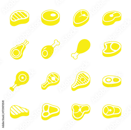 Collection of Yellow Meat Icons on White Background