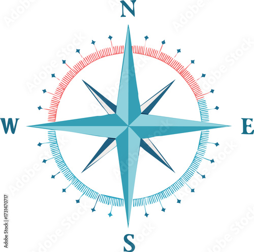 Vector illustration of a navigational compass star, an isolated symbol representing direction, global travel, and the journey of exploration