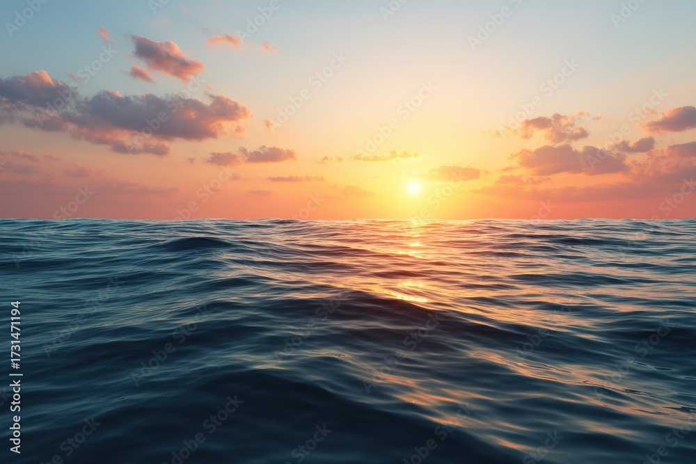 Obraz premium Creation Origin Symbolic concept. Serene ocean waves reflecting a colorful sunset sky.