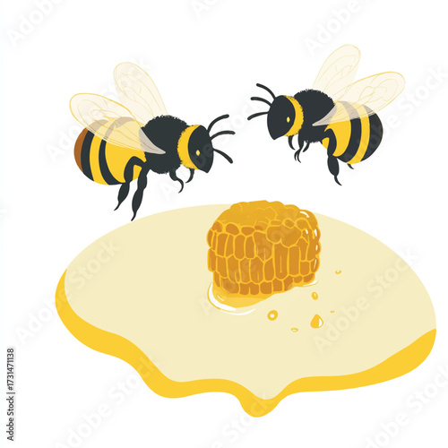 Two cute cartoon bees flying over fresh honeycomb and honey