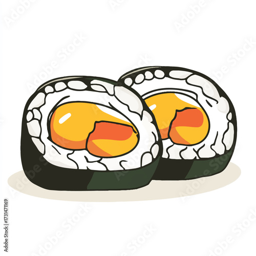  Two delicious sushi rolls with yellow filling and black seaweed wrap