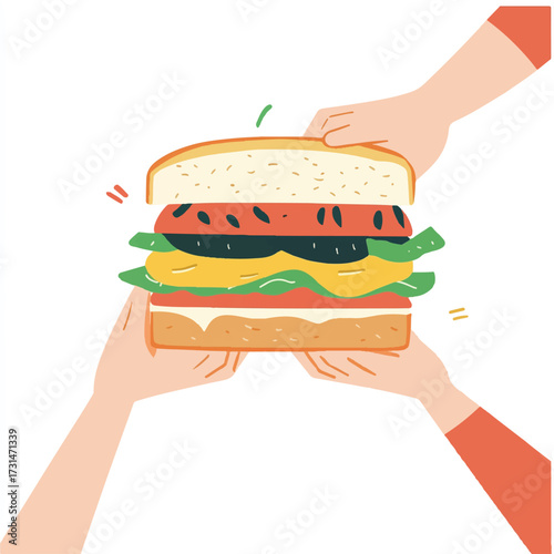  Two hands carefully holding a delicious sandwich.