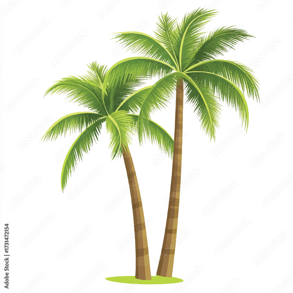 Obraz premium Two vibrant green palm trees standing tall on a small patch of grass.