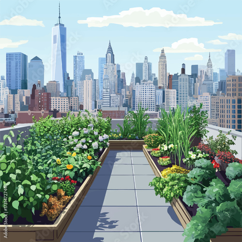 Urban Rooftop Garden with Manhattan Skyline View